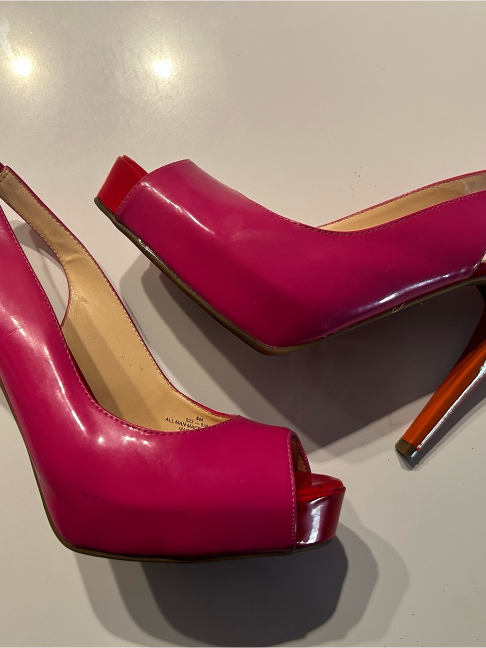 Worthington Hot Pink Patent Peep-Toe Heels with Orange Accent